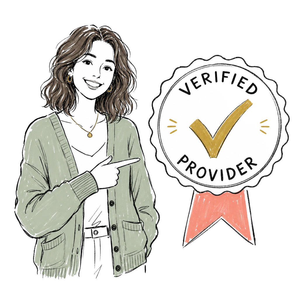 Sketch illustration of Hailey pointing at a verified provider badge