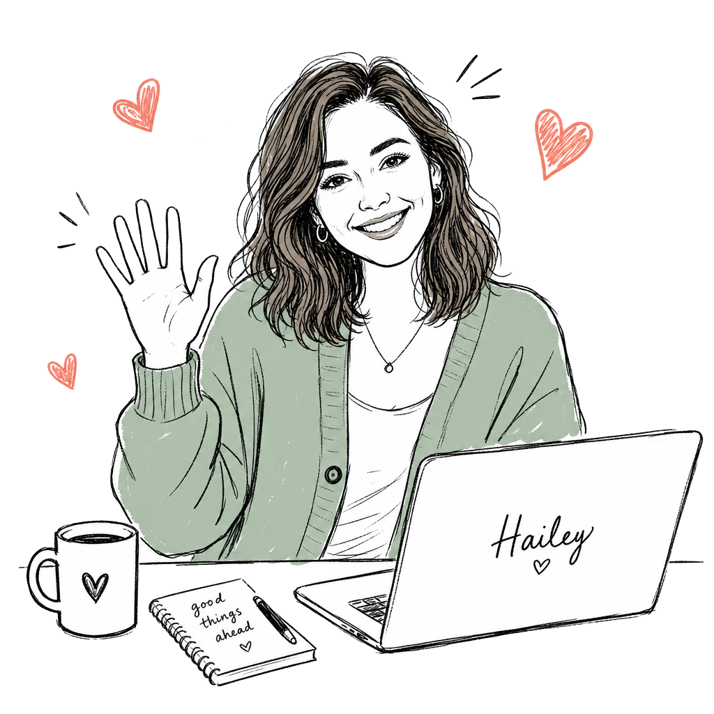 Sketch illustration of Hailey waving at her laptop, ready to help you find a healthcare provider
