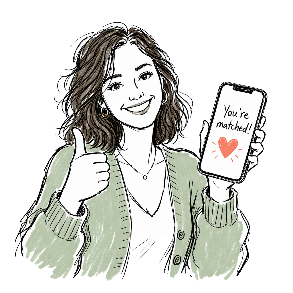 Sketch illustration of Hailey giving a thumbs up next to a phone showing You're matched